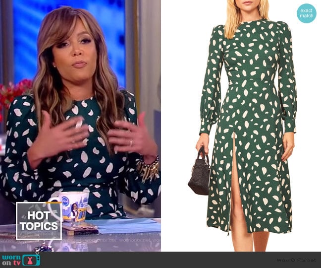 Reformation Creed printed crepe midi dress worn by Sunny Hostin on The View