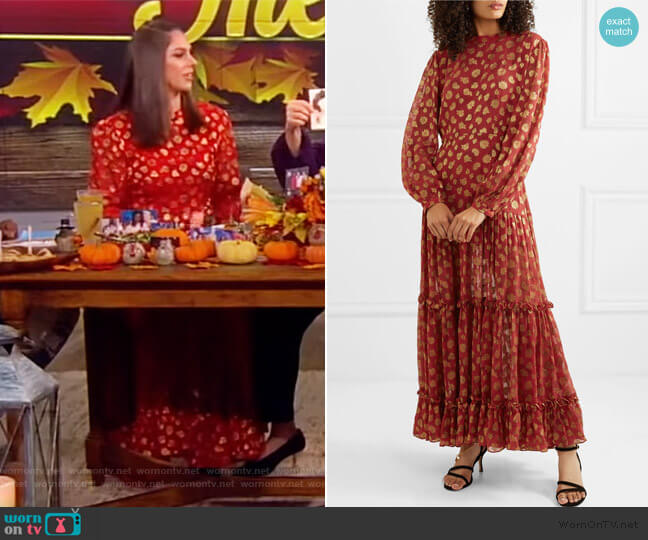 Rixo Tiered paisley-print metallic fil-coupé chiffon maxi dress worn by Abby Huntsman on The View