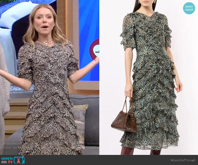 Rebecca Taylor Ruffled Leopard-Print Dress worn by Kelly Ripa on Live with Kelly and Mark