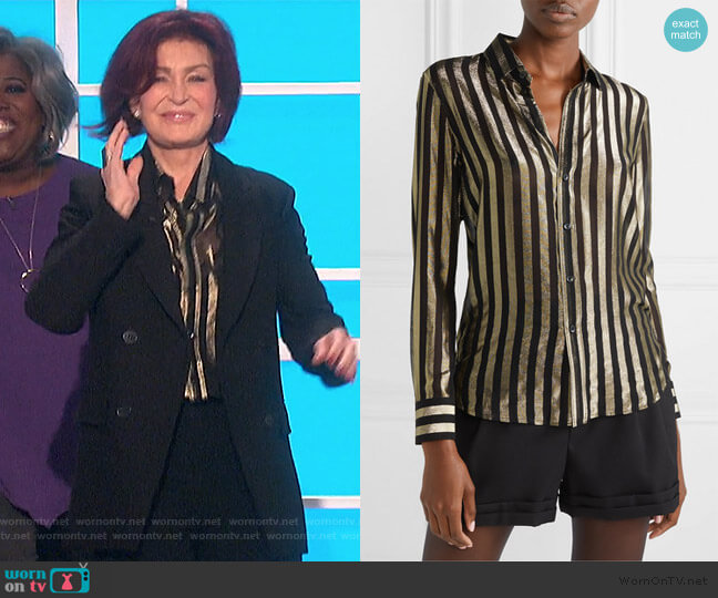Saint Laurent Striped metallic silk-blend chiffon shirt worn by Sharon Osbourne on The Talk