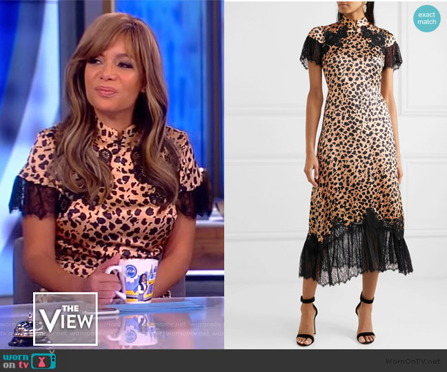 Saloni Venyx Ryder lace-trimmed leopard-print silk-satin midi dress worn by Sunny Hostin on The View