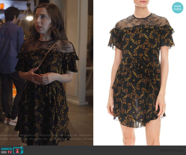 Sandro Alderic Ruffled Illusion Floral Dress worn by Izzy Levine (Esther Povitsky) on Dollface