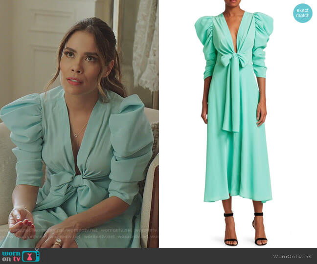 Silvia Tcherassi Hel Silk Bow Puff-Sleeve Midi Dress worn by Cristal Jennings (Daniella Alonso) on Dynasty