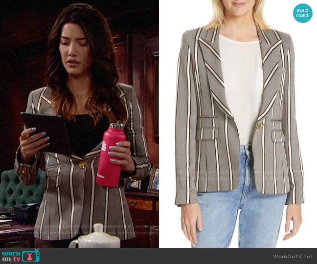 Smythe Peak Lapel Blazer in Grey Ribbon Stripe worn by Steffy Forrester (Jacqueline MacInnes Wood) on The Bold and the Beautiful