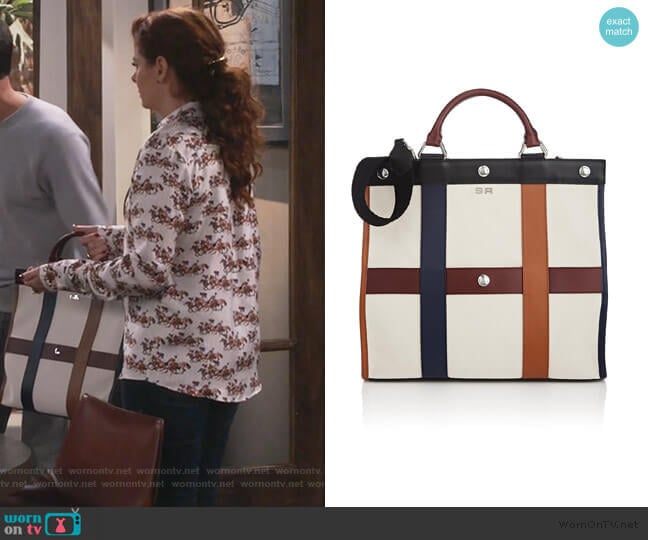 Sonia Rykiel Cindy Leather-Trimmed Canvas Tote Bag worn by Grace Adler (Debra Messing) on Will and Grace