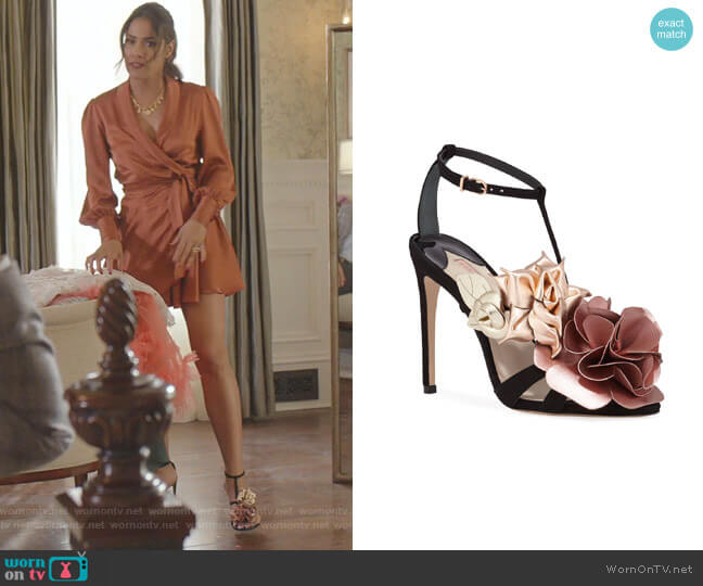 Sophia Webster Jumbo Lilico Floral Velvet Sandals worn by Cristal Jennings (Daniella Alonso) on Dynasty