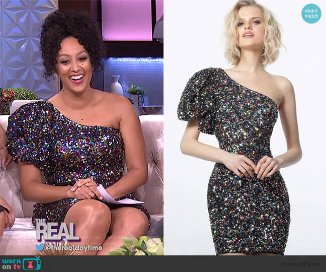 Jovani 1898 Black Multi One Shoulder Sequin Cocktail Dress worn by Tamera Mowry on The Real