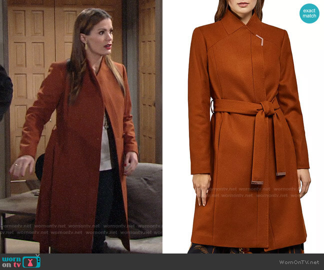 Ted Baker Ellgenic Long Belted Coat in Tan worn by Chelsea Lawson (Melissa Claire Egan) on The Young and the Restless
