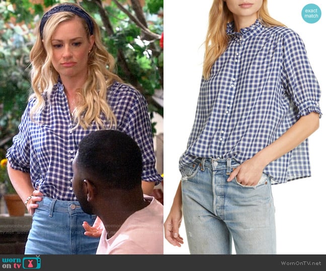 The Great The Cedar Shirt in Tutor Plaid worn by Gemma (Beth Behrs) on The Neighborhood