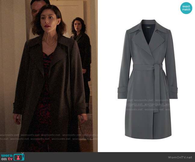 Theory Oaklane Trench Coat in Deep Slate worn by Sydney Strait (Caitlin McGee) on Bluff City Law