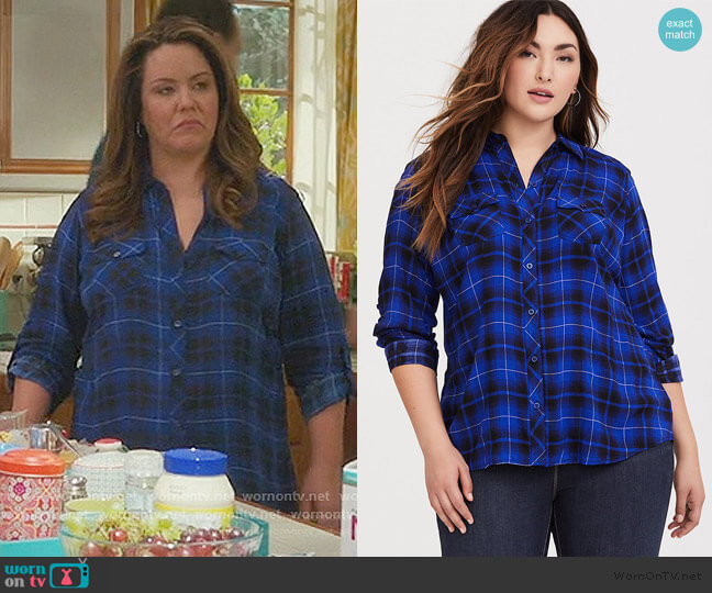 Torrid Plaid Challis Button Down Shirt worn by Katie Otto (Katy Mixon) on American Housewife