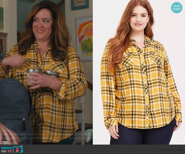 Torrid Yellow Plaid Twill Button Front Shirt worn by Katie Otto (Katy Mixon) on American Housewife