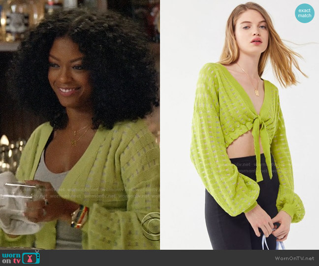 Urban Outfitters Sienna Tie-Front Balloon Sleeve Cropped Sweater worn by Ali Finer (Javicia Leslie) on God Friended Me