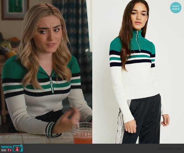 Urban Outfitters Colourblock Stripe Half-Zip Funnel Neck Jumper worn by Taylor Otto (Meg Donnelly) on American Housewife
