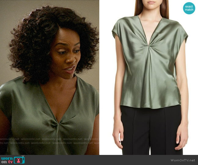 Vince Twist Detail Short Sleeve Silk Blouse in Sage Flint worn by Lola Carmichael (Simone Missick) on All Rise