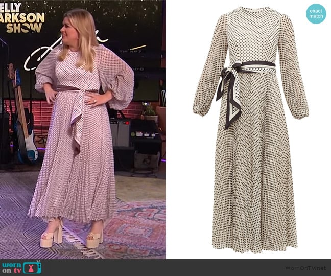 Zimmermann Sunray pleated polka-dot chiffon dress worn by Kelly Clarkson on The Kelly Clarkson Show