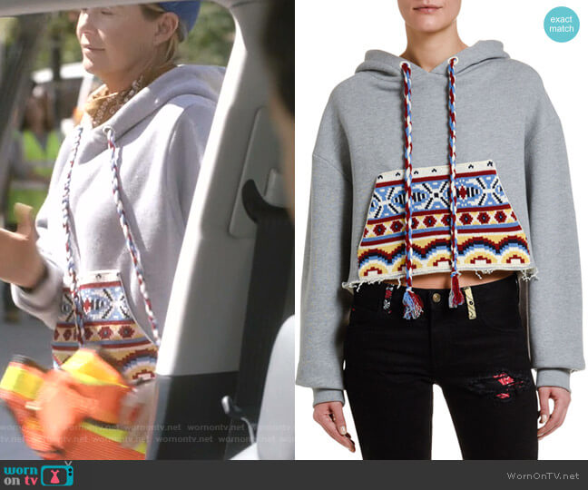 Alanui Cutoff Hoodie Sweatshirt with Knit Pocket worn by Meredith Grey (Ellen Pompeo) on Greys Anatomy