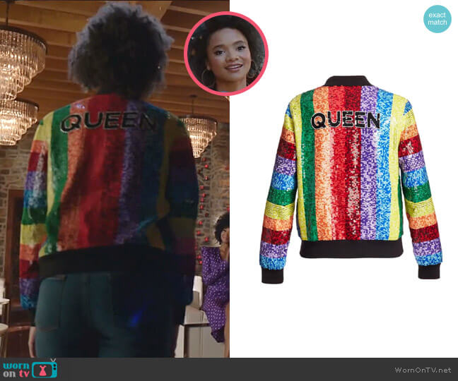 Alice + Olivia Queen Sequin Rainbow Bomber Jacket worn by Vanessa (Jade Payton) on Dynasty