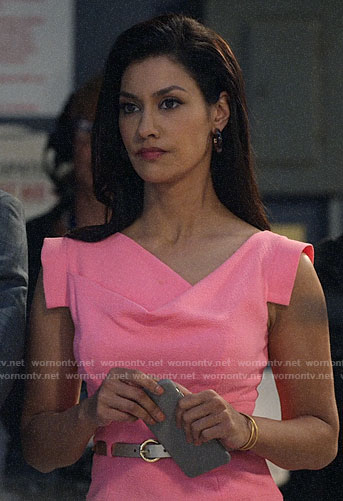 Alison’s pink draped neck sheath dress on The Morning Show