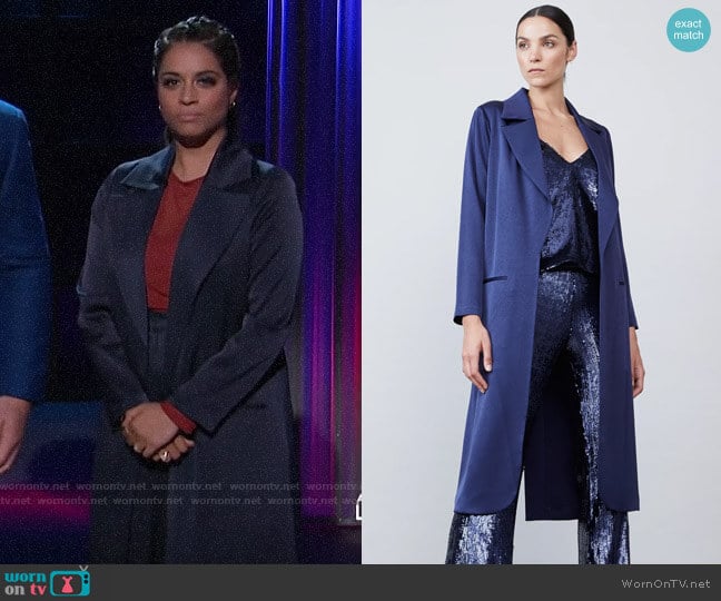 Allen Schwartz Carmen Satin Jacket in Midnight Satin worn by Lilly Singh on A Little Late with Lilly Singh