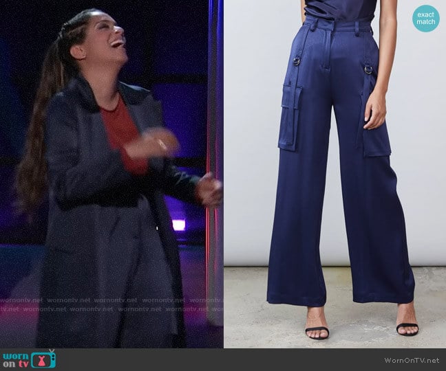 Lexy Cargo Pant in Midnight Satin Allen Schwartz worn by Lilly Singh on A Little Late with Lilly Singh