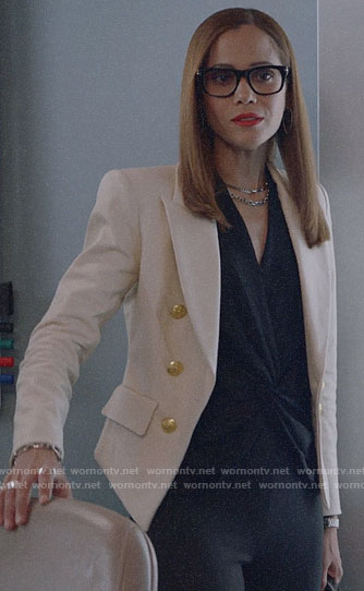 Amanda’s white blazer with gold buttons and black twist front blouse on Almost Family