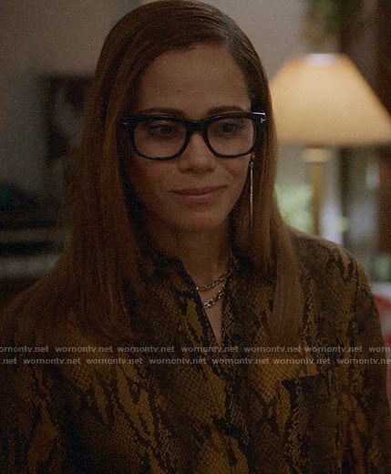 Amanda’s yellow snake print blouse on Almost Family