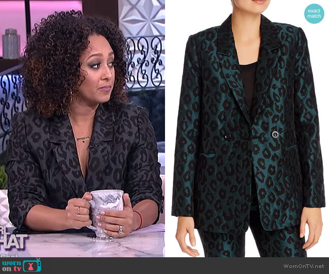 Anine Bing Madeleine Emerald Leopard Jacquard Blazer worn by Tamera Mowry on The Real