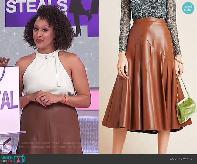 Maeve Mariska Faux Leather Midi Skirt worn by Tamera Mowry on The Real