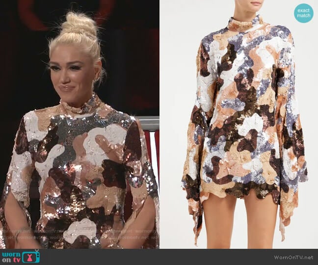 Ashish Camouflage Sequinned Flared-Sleeve Mini Dress worn by Gwen Stefani on The Voice