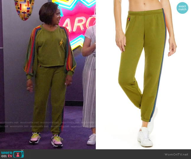 Aviator Nation Stripe Sweatpants in Olive worn by Tina Butler (Tichina Arnold) on The Neighborhood