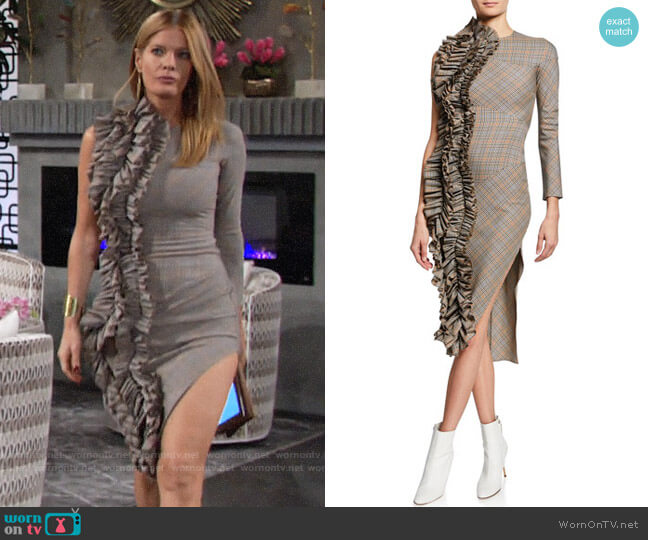 A.W.A.K.E. Checkered One-Sleeve Dress w/ Dramatic Ruffle worn by Phyllis Summers (Michelle Stafford) on The Young and the Restless