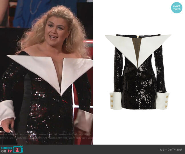 Balmain Off-The-Shoulder Sequin Satin Dress worn by Kelly Clarkson on The Voice