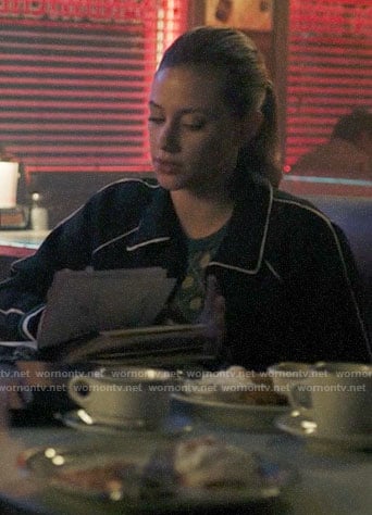 Betty’s navy track jacket with white trim on Riverdale