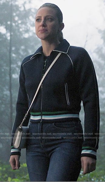Betty’s navy track jacket with white trim on Riverdale