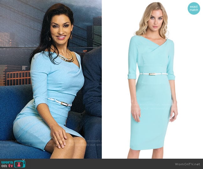 Black Halo 3/4 Sleeve Jackie O Sheath in Atlantic Aqua worn by Alison Namazi (Janina Gavankar) on The Morning Show
