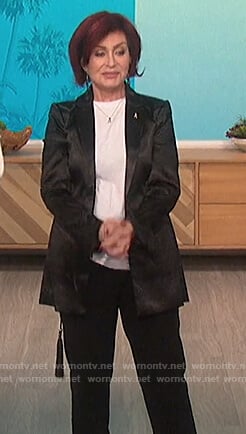 Sharon’s black satin tassel tie blazer on The Talk