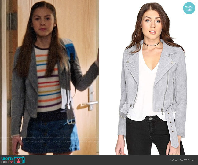 Blank NYC Suede Moto Jacket in Cloudf Grey worn by Nini (Olivia Rodrigo) on High School Musical The Musical The Series