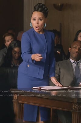 Tegan’s blue jacket and skirt on How to Get Away with Murder