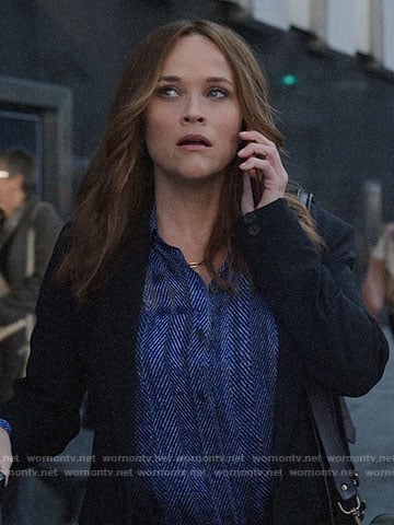 Bradley’s blue herringbone button down blouse on The Morning Show