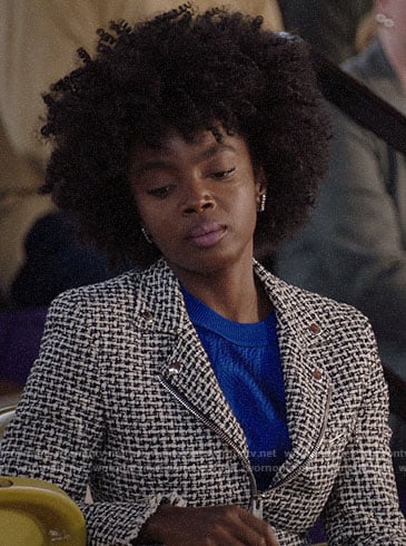 Briana’s tweed moto jacket on Bluff City Law