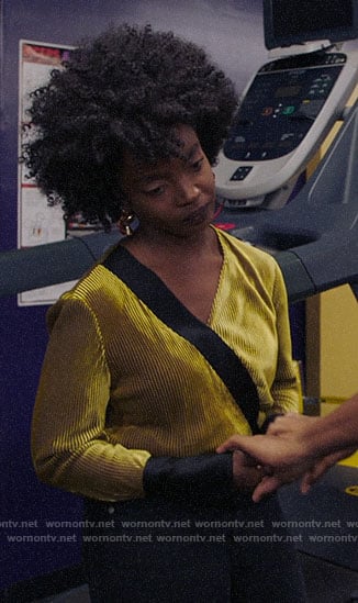 Briana’s yellow velvet wrap top on Bluff City Law