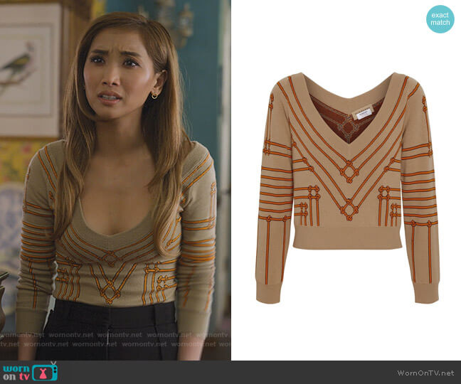 Burberry Rope Silk Wool Jacquard V-neck Sweater worn by Madison Maxwell (Brenda Song) on Dollface