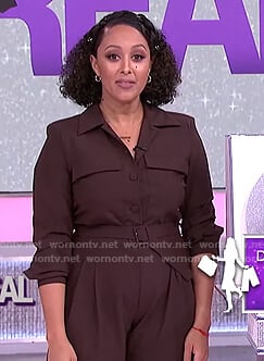 Tamera’s burgundy utility jumpsuit on The Real