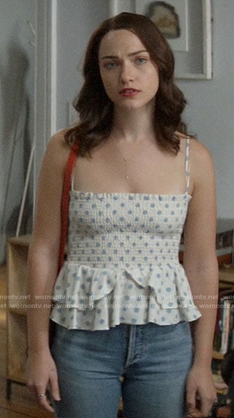 Cara’s peplum polka dot top on God Friended Me