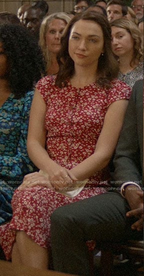 Cara’s red floral button front dress on God Friended Me