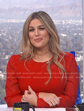 Carissa’s red smocked mini dress on E! News Daily Pop
