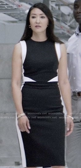 Catherine’s black and white sheath dress on Batwoman
