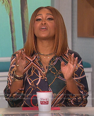 Eve’s chain print blouse and leather skirt on The Talk