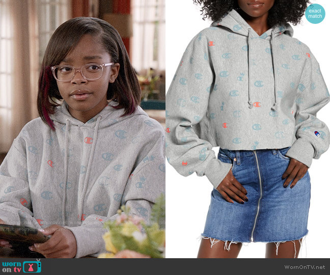Champion Logo Print Reverse Weave Crop Hoodie worn by Diane Johnson (Marsai Martin) on Black-ish